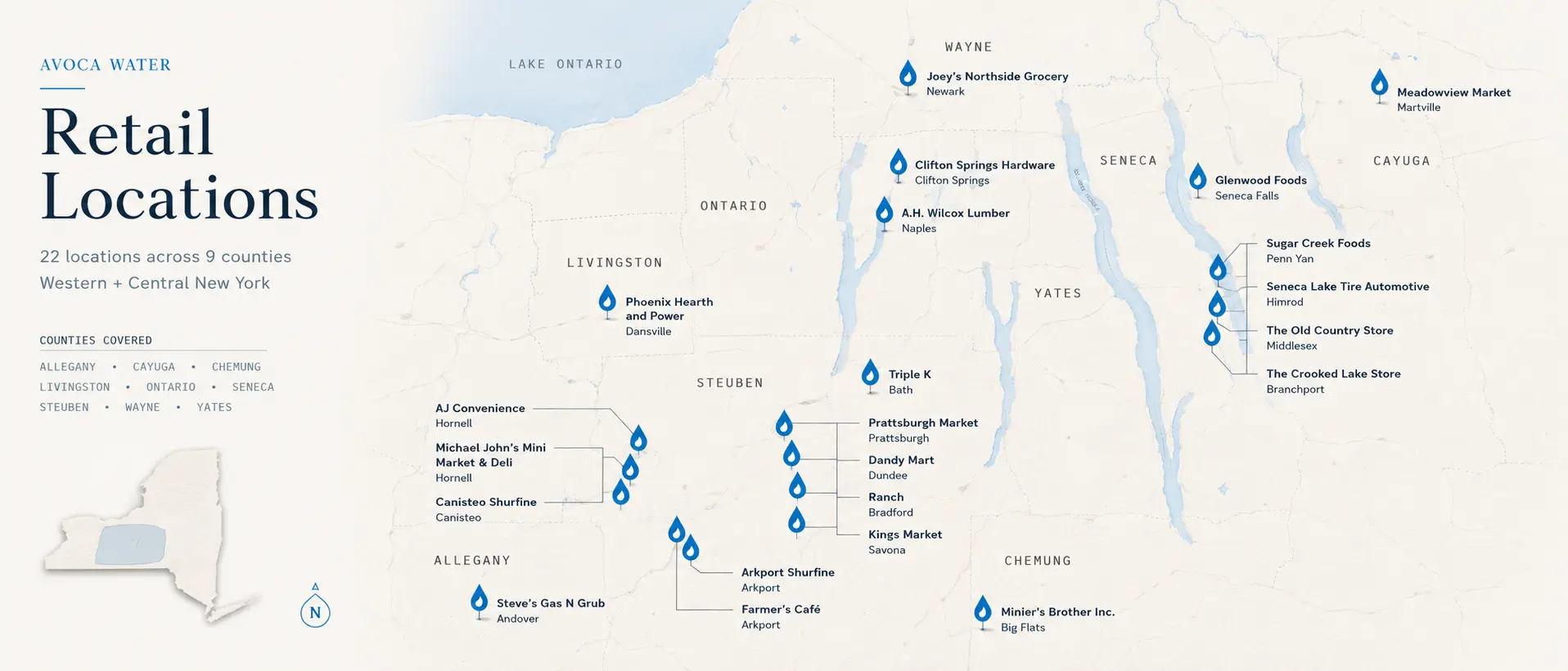 Avoca Water Retail Locations Map Southern Tier and Finger Lakes Region
