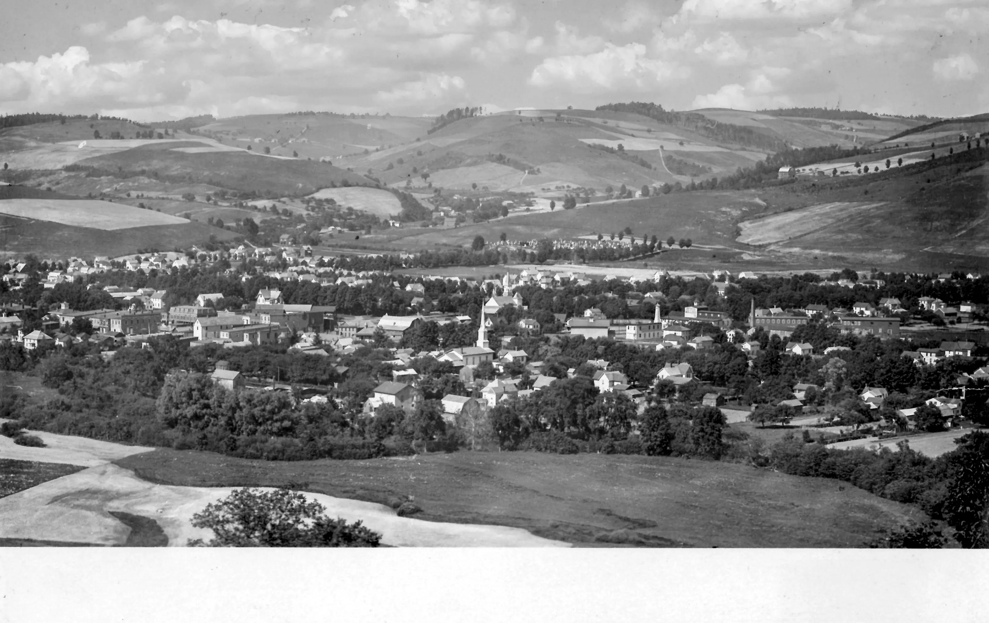 Panoramic view of Avoca, NY from the hillside west of the Cohocton River, looking east over the rolling hills, early 1900s